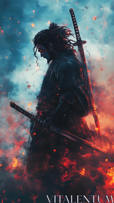 Lone samurai strides through embers and cold blue smoke.