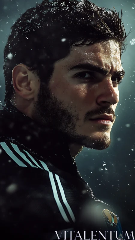 Stormlit portrait of a focused athlete in swirling snow.