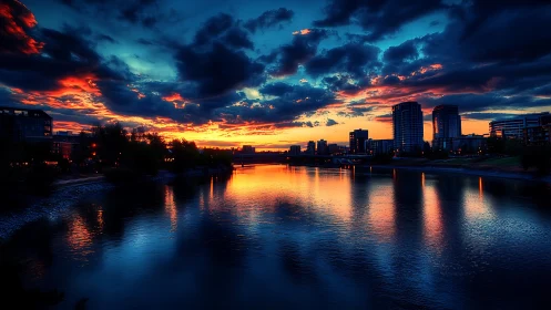 Photorealistic riverfront skyline under saturated sunset clouds.