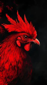 Red rooster profile illustration on dark black background.
