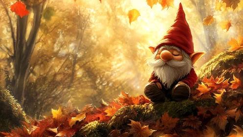 Woodland gnome rests amid glowing autumn leaves at dusk.