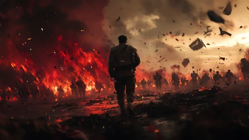 Lone soldier strides toward a blazing battlefield horizon