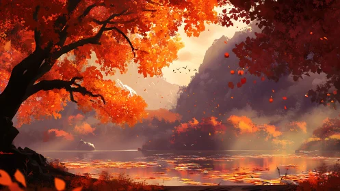Golden autumn lake glows beneath vibrant crimson trees