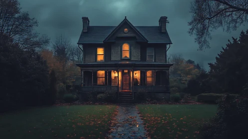 Victorian house glows warmly under stormy twilight sky