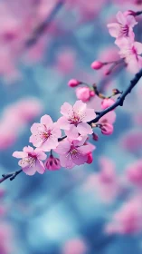 Cherry Blossoms Dance: Pink Petals Bloom Against Dreamy Blue.