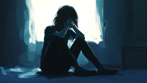 Solitary girl sits against bright window in dark room