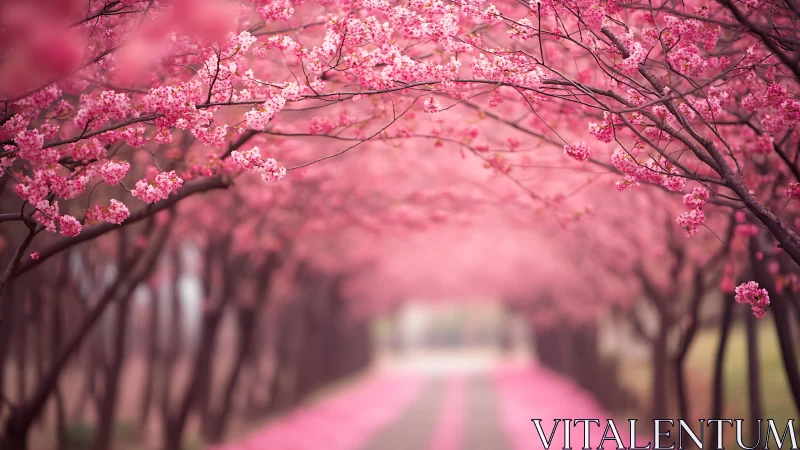 Photorealistic cherry blossom tunnel with soft depth of field.