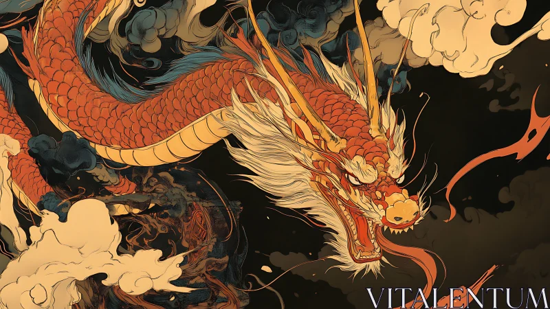 Coiled red dragon surges through stylized smoke in dynamic profile