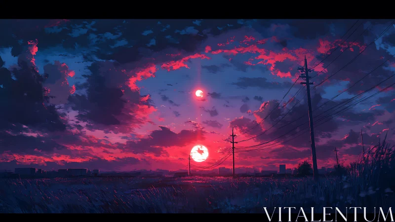 Dual sun horizon over semi-rural power lines at dusk