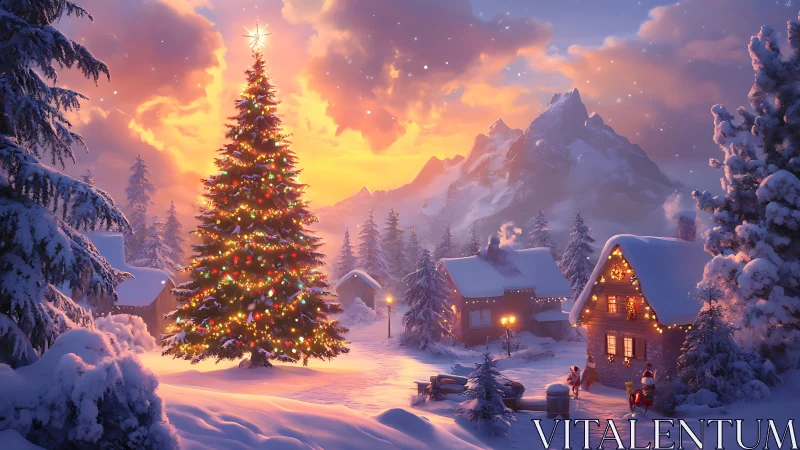 Illuminated alpine village under radiative winter sunset sky.