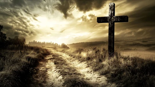 Dark wooden cross by dirt path under stormy sunset sky.