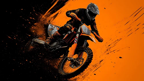 Motocross rider on dirt bike against orange graphic field.