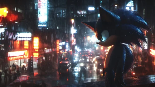 Blue hedgehog contemplates neon city streets in the rain