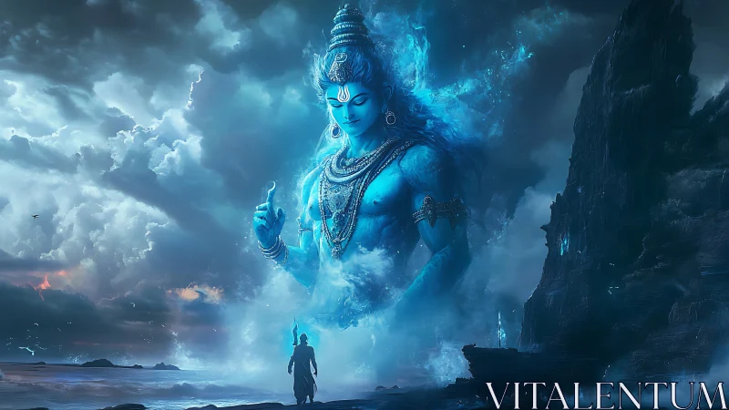 Colossal blue deity manifestation rising from stormy ocean