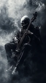 Skeletal cellist figure rendered in dense monochrome smoke