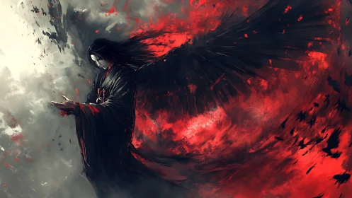 Dark angel rises from crimson storm between light and shadow