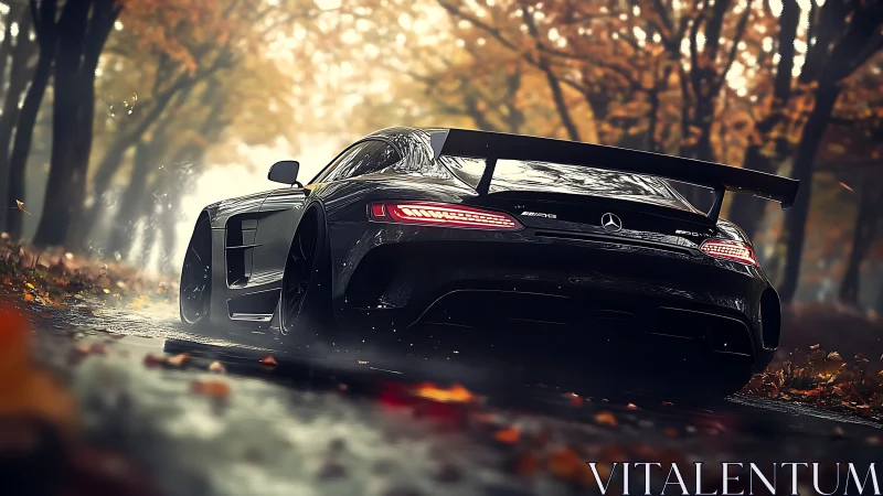Track-tuned Mercedes AMG slicing through misty autumn woods.