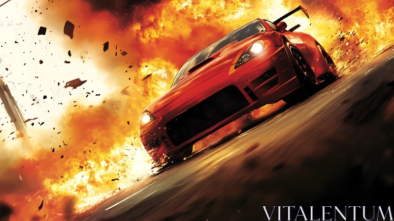 Red Sports Car Bursting Through Explosive Chaos.
