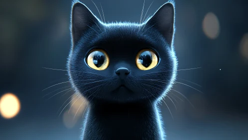 Black Cat with Yellow Eyes in Darkened Environment