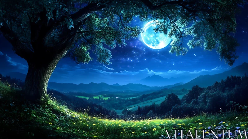 Large moon illuminates a tree and valley under clear night sky
