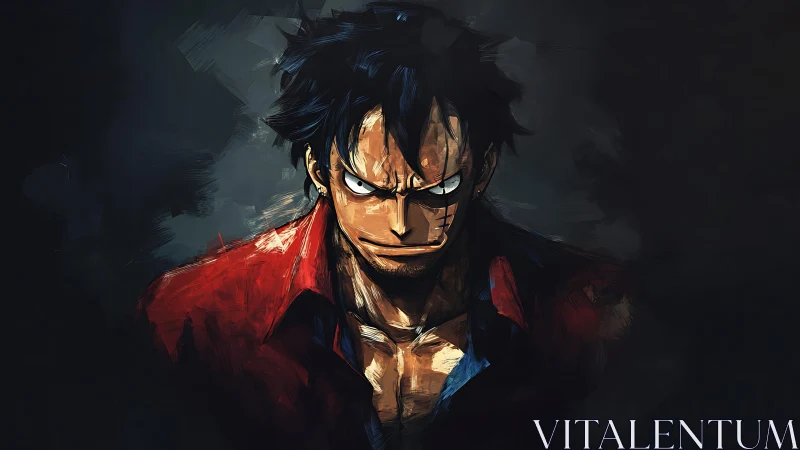 Intense anime hero emerges from dark painterly shadows.
