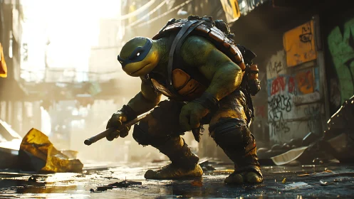Streetwise turtle warrior ready for a gritty alley showdown.