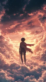 Silhouetted figure standing in clouds under starry twilight sky.