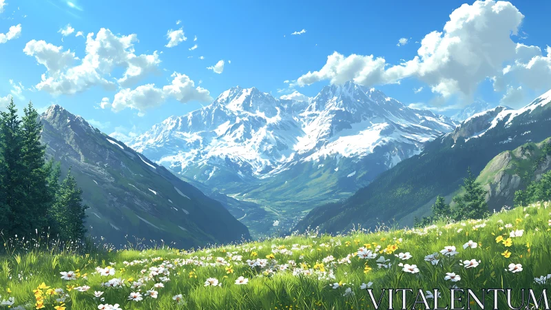 Snow-capped mountains rise behind sunlit alpine flower meadow