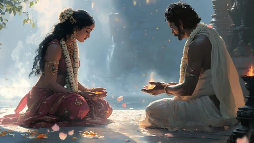 Devotional Indian couple exchanging oil lamps in soft volumetric light