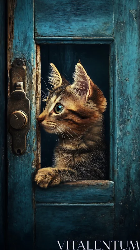 Golden Tabby Cat Peering Through Weathered Turquoise Wooden Door Frame