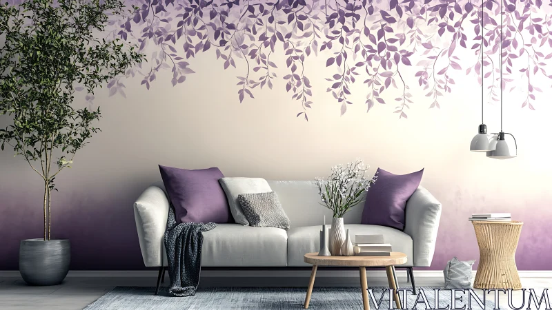 Modern living room with lavender ombre leaf mural wall.