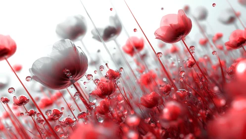 Red Poppies with Water Droplets in Motion.