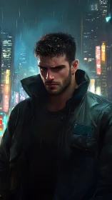 Brooding cyberpunk enforcer in neon rain-soaked megacity street