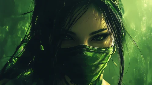Bioluminescent forest assassin portrait with veiled gaze.