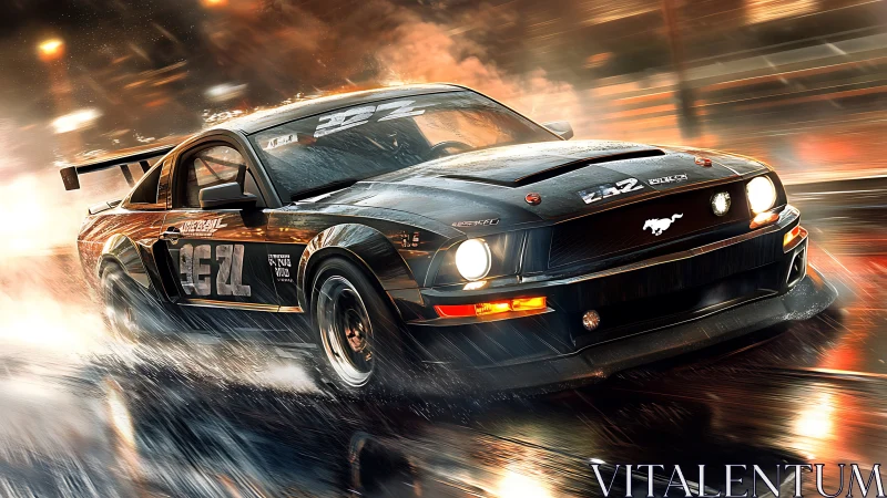 Midnight muscle car drifts through neon-soaked rainstorm streets.