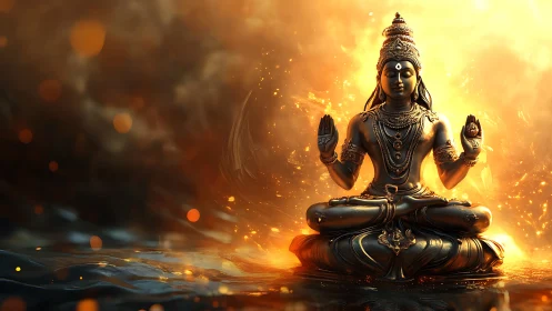 Radiant metal deity meditating in molten sunrise firelight.