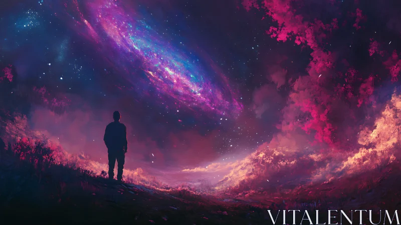 Silhouette under vivid cosmic sky over glowing horizon.