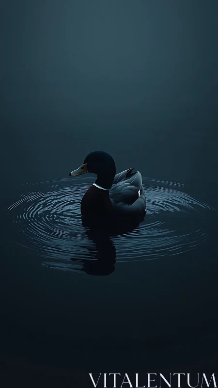 Moonlit mallard composes ripples on a midnight mirror