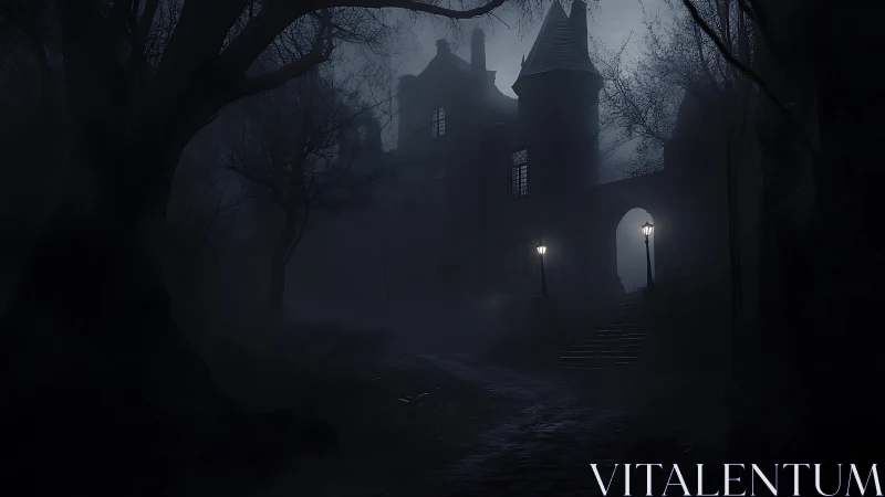 Gothic manor looms through dense fog on a shadowed night.