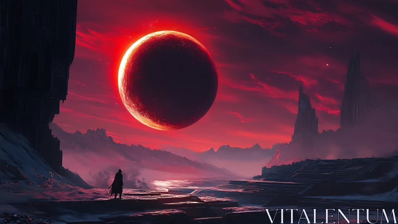 Solitary wanderer gazes at eclipsed blood moon over alien valley