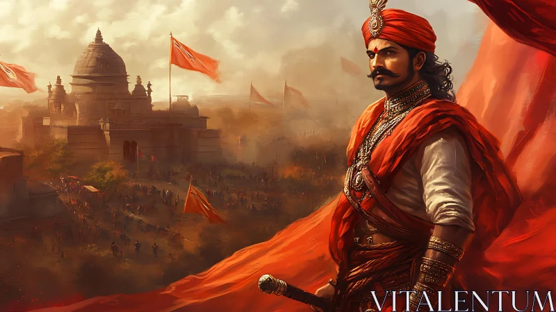 Crimson warlord watches a temple city blaze with banners.