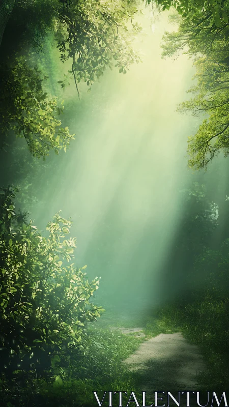 Serene Forest Path Bathed in Golden Sunlight