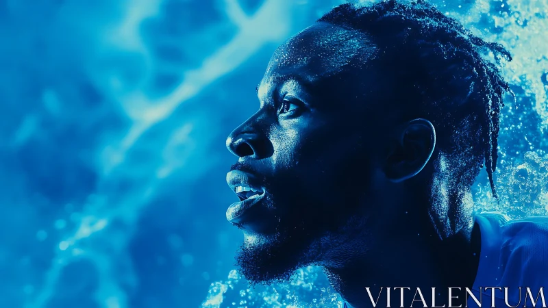 Close-up profile of male athlete against dynamic blue water.