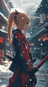 Snowy street samurai girl pauses in quiet winter resolve