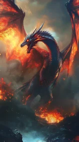 Fiery dragon rendered above volcanic terrain in vertical frame