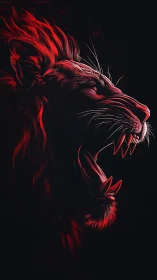 Roaring red-lit lion head emerges from the dark void