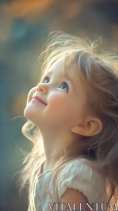 Child gazing upward with backlighting illuminating blonde hair