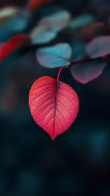 Single red leaf against soft teal blurred background.