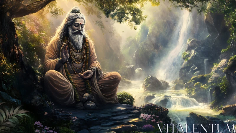 Meditating sage figure beside forest waterfall landscape.