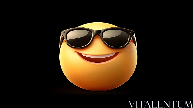 Yellow spherical emoji with sunglasses on black background.